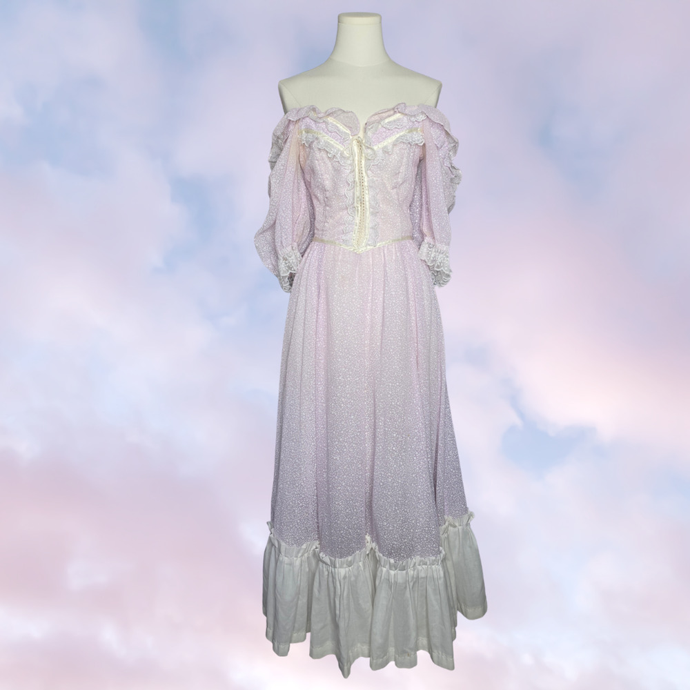 Vtg 70s Gunne Sax Purple Long Maxi Prairie Cottage Cotton Lace Up Dress Sz 7